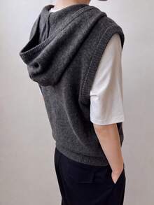 Women's New Autumn/Winter Knitted Hooded Zip-Up Sweater Vest - Dark Grey - View 2