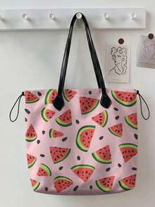 1pc Tote Bag, Fruit & Floral Print, Lightweight, Foldable, Fashionable, Personalized Handbag, Large Capacity Casual Shoulder Bag, Suitable For Work, School, Shopping And Daily Use - Multicolor - View 8
