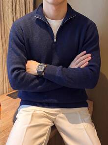 Men's Zipper Vertical Ribbed Knit Sweater, Stand Collar Long Sleeve, Suitable For Office And Daily Wear, Fashion Casual - Navy Blue - View 4