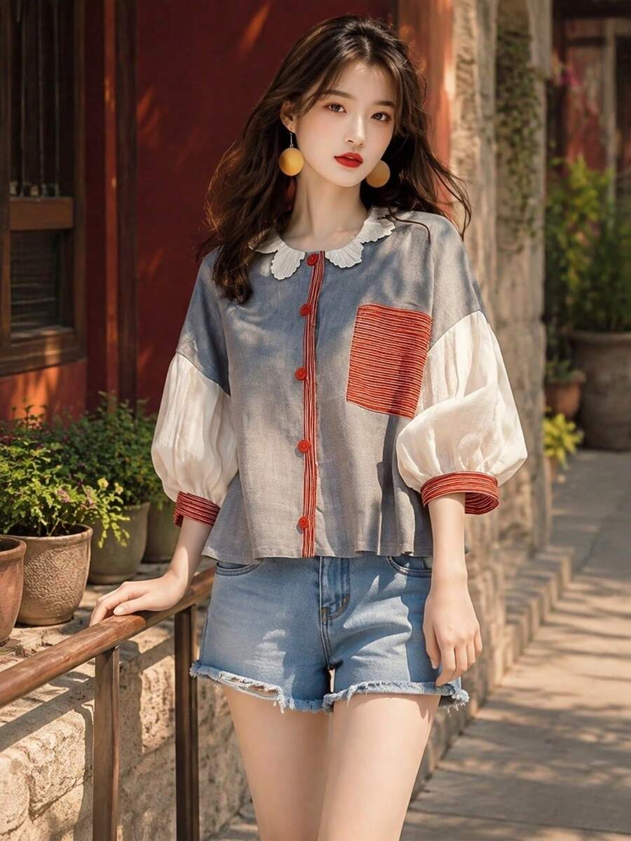 Women Color Block Blouse Scalloped Collar Puff Sleeve Vintage Mori Girl Style Casual Loose Fit Button Up Top Linen Look Retro Cute Shirts - Multicolor - View 1