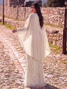 Plus Size Glamorous Beaded Sequin Mermaid Gown With Flowy Cloak Sleeves, A Sophisticated Formal Dress For Special Occasions - Champagne - View 2