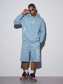 Modcrash Men's Casual Fashionable Versatile Daily Commute Simple Slogan Print Kangaroo Pocket Drawstring Hoodie, Autumn/Winter - Baby Blue - View 3