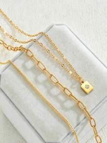 3pcs Minimalist Geometric Pendant Necklace Paperclip Chain Necklace Suitable For Men's Daily Wear Casual Style Accessory - Yellow Gold - View 3