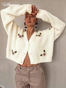 VIBEWAVE Off-White V-Neck Single-Breasted 3D Floral Embroidered Loose Short Knit Cardigan Women Gentle Pastoral Style Spring/Autumn Outerwear Top - White - View 1