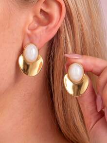 VJS 1 Pair Vintage French Style Resin Round Bead Stud Earrings, Color-Block Half-Circle Metal Patchwork Design, Women's Daily Commute, Date, Party Earrings - Resin Ball Stud Earrings - View 15