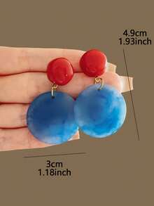 1 Pair Vintage Hong Kong Style Red & Blue Color Block Geometric Resin Earrings, Suitable For Women's Party And Gathering - Blue - View 3
