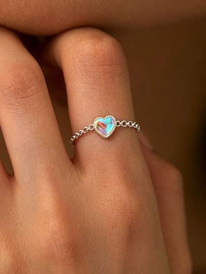 1 pezzo Anello da donna in argento sterling S925, delicato, dolce, minimalista, a forma di cuore, con catena sottile, regolabile, gioiello da mano alla moda, personalizzato, lusso leggero, versatile, stile INS, regalo di compleanno per la migliore amica