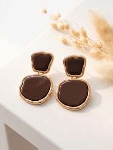 1 par de pendientes de botón de estilo vintage de doble capa con diseño geométrico, con borde de oro rosa y acabado marrón oscuro, adecuados para mujeres urbanas que buscan elegancia minimalista - Amarillo Oro - Ver 3
