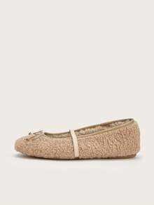 Women's Brown Cute Furry Slip-On Ballet Flats, Warm Winter Shoes - Apricot - View 2