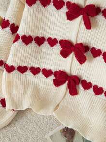 Soft Red & White Heart Jacquard Pullover Knit Sweater, Handmade Bow Tie Loose Lantern Sleeve Faux Cardigan Design Soft Fluffy Sweater Top - Apricot - View 5