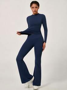 NcmRyu One Set Women's Round Neck Fitted Soft Long Sleeve High Waist Comfortable Flared Leggings Gym Training Running Aerobics Yoga Pilates Workout Set - Blue - View 4