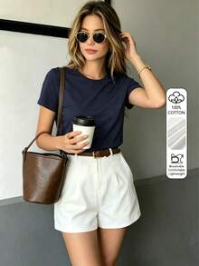 Kaos Wanita Modis dan Elegan Warna Polos - , Kasual Musim Panas - Navy Blue - View 8