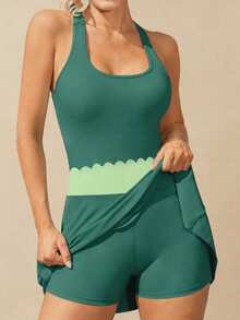 Women's Minimalist Tank Top And High-Waist Skort Tennis Sports Set - Green - View 2