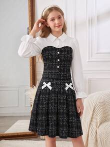 Purechapter 2pcs Tween Girls Fashion Elegant Colorblock Contrast Patchwork Open Front Lapel Collar Shirt And Bow Skirt Set, Spring/Autumn - Black - View 9