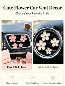 4pcs Pink Enamel Flower Car Air Vent Clips, Gold Rim Alloy Flower Car Interior Decoration, Premium Gift For Female Drivers - A - View 12