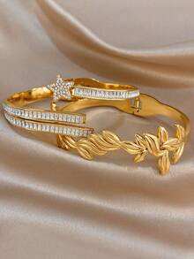 Minimalist Meteor Leaf Bangle Bracelet Set For Women Stainless Steel Golden Bangle Bracelet For Christmas Birthday Daily Party Jewelry Gifts - Multicolor - View 7