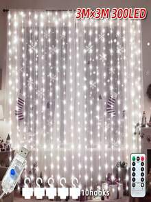 1pc Copper Wire Curtain Lights, 300 LED Fairy Curtain Lights, 8 Lighting Modes, With Remote Control, Suitable For Halloween/Christmas Decoration, Wedding Decoration, Party Decoration, Room Decoration And Home Decoration - Curtain String Lights - View 14