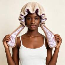 Cute Rabbit Ear Sleep Cap, Plush Fleece Satin Lining Night Hair Bonnet, Adjustable Tie Hair Protection Cap, Suitable For Home Nighttime Sleep - A - View 4