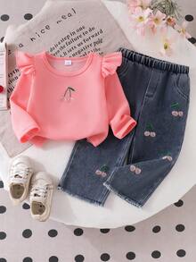 2pcs Baby Girl Sweet Cherry Set, Bright Pink Waffle Knit Flutter Sleeve Top & Multiple Pink Cherry Embroidery Frayed Hem Denim Pants, Spring/Autumn Outfit - Pink - View 2