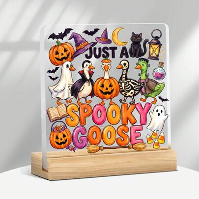 10*10cm Acrylic Desk Sign With Wooden Base, Just A Spooky Goose & Spooky Little Christmas Ghost Print Tabletop Plaque, Halloween Xmas Mix Holiday Desktop Ornament For Home Table Party Decor