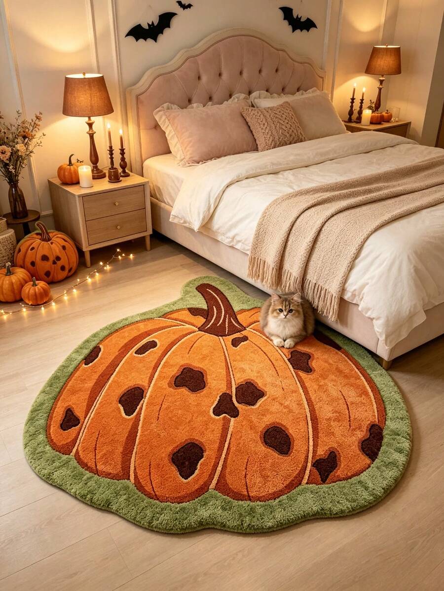 1 pieza Alfombra con forma de calabaza con estampado de leopardo y borde verde, estilo Halloween, Halloween, felpudo para exteriores, alfombra de cocina, decoración del hogar, alfombra de área, alfombra de jardín, alfombra lavable - Gris - Ver 1