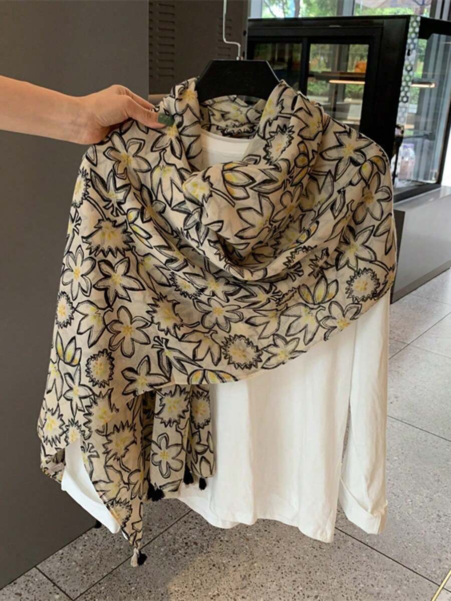 1件裝女款波希米亞豹紋幾何拼接防曬披肩頭巾圍巾 - S48838-卡其色 - 查看 1