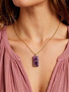 1pc Women's Amethyst Necklace Crystal Rectangle Pendant With Zirconia Natural Stone Stainless Steel Chain Fashion Jewelry H936 - Necklace - View 6