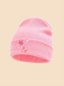 1 Peça Gorro de Tricô Rosa Infantil, Estampa Floral de Letras A-Z, Chapéu Quente de Outono/Inverno, Macio e Confortável com Punho Dobrado, Adequado para Uso Diário, Pode Ser Usado como Presente - Rosa chiclete - Visão 20