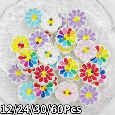 12/24/30/60Pcs Buttons, 1.2cm/0.47in, 1.5cm/0.59in Floral Buttons, Double-Eye Floral Decorative Buttons, Vibrant Colors For Clothing, Handmade DIY Crafts, Creative Decoration, Floral Accessories, Clothing Decoration, Fun Design, Random Colors