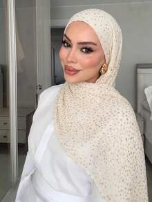 1 pieza Bufanda larga con lunares y ribete de piel corta para mujer, hiyab para mujeres musulmanas, uso diario, pañuelo transpirable para exteriores primavera/verano, chal, accesorio de ropa, regalo de cumpleaños - Multicolor - Ver 16