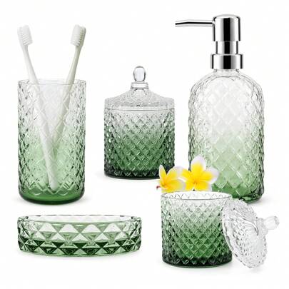 5 Pcs Green Gradient Color Glass Bath Accessories – Soap Dish, Toothbrush Holder, Cup, Soap Dispenser & Cotton Jar For Bathroom