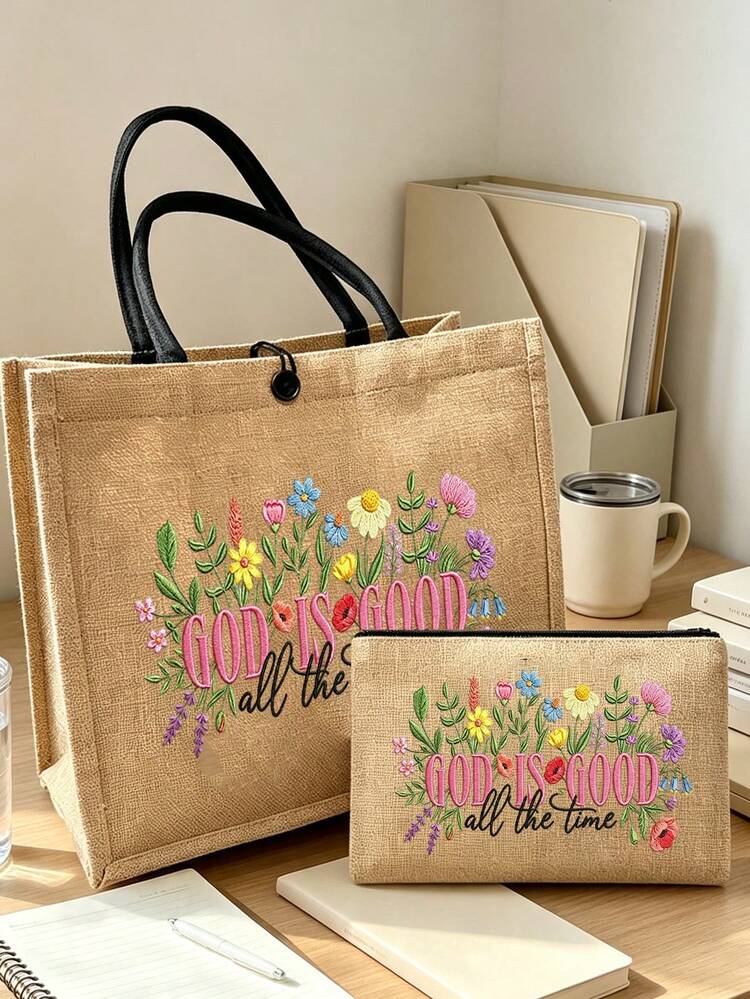 Linen Tote Bag Set, Featuring "GOD IS GOOD" 2D Print Large Shopping Tote And Matching Zippered Cosmetic Bag, Inspirational Bible Verse Floral Pattern, Spacious Large Tote Bag Suitable For Books, Groceries, And Daily Essentials; Zippered Bag Can Store Cosmetics, Pens, Keys, And Small Personal Items, Perfect For Church Events, Daily Shopping, School Commute, And Weekend Trips, Birthday And Housewarming Gifts For Women, Back To School Season, Teacher's Day Gifts - Multicolor - View 3