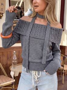Autumn/Winter New Slouchy Off-Shoulder Cable Knit Sweater Halter Neck Ribbon Pullover Knit Top - Grey - View 2