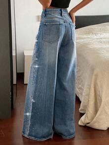1 buah Celana Jeans Kasual Denim Motif Kumis Kucing Berhiaskan Berlian Imitasi, Potongan Longgar Pinggang Sedang untuk Wanita, Cocok untuk Kencan, Semua Musim, Musim Panas - Medium Wash - View 5
