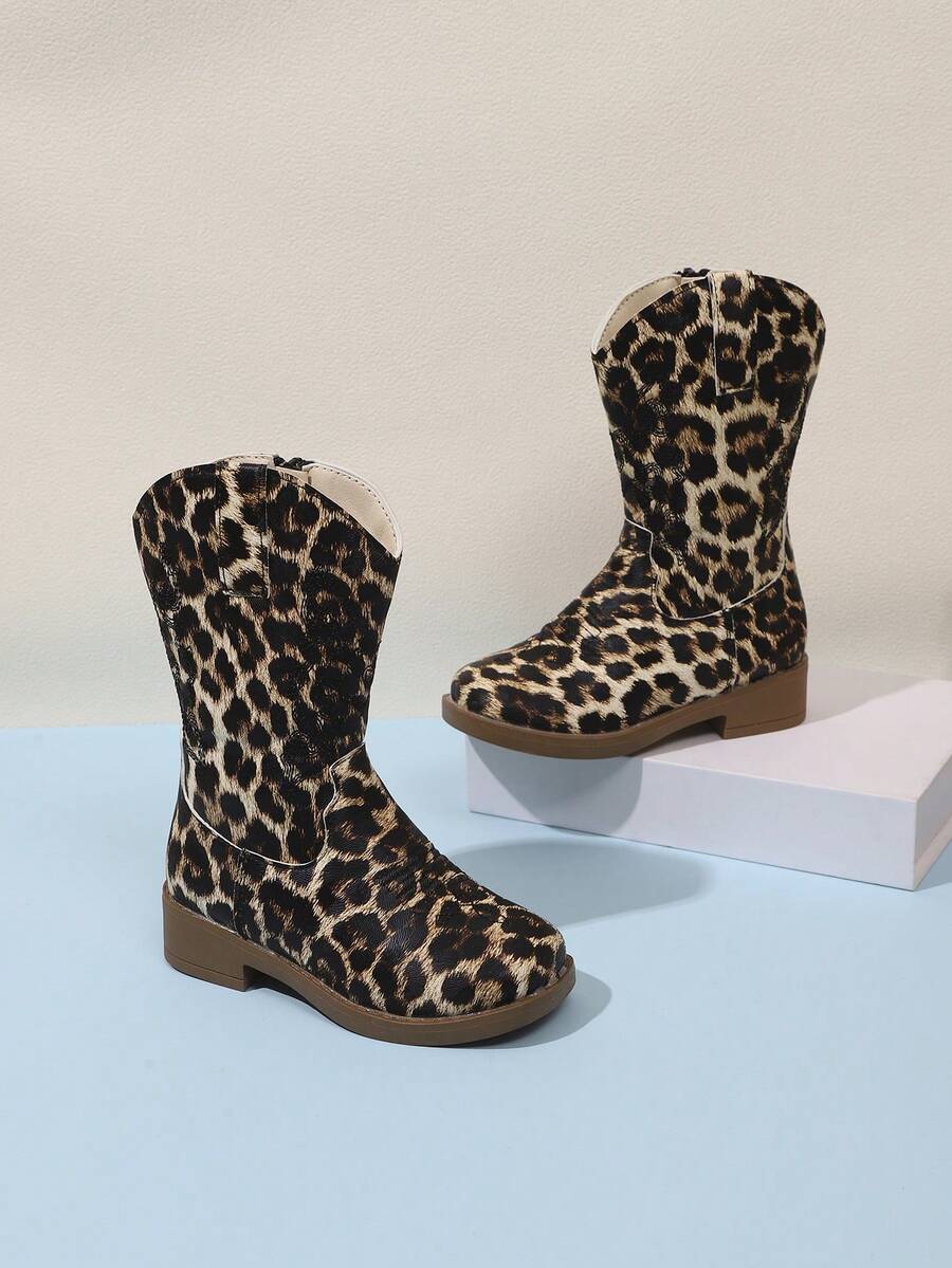1 Pair Girls' Boots Autumn/Winter New Style High Top Long Boots Princess Leopard Print Prairie Western Boots - Brown - View 1