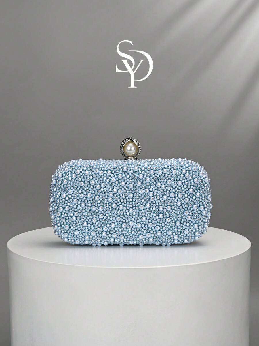 Light Blue Pearl Beaded Evening Clutch, Pearl & Rhinestone Decorated Wallet,Bride, Wedding Items - Baby Blue - View 1