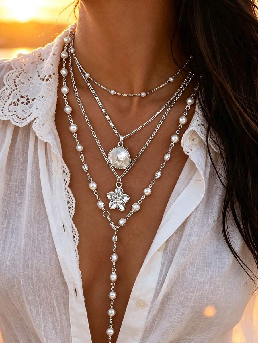 4pcs/Set Minimalist Casual Style Pearl Flower Shell Silver Necklace, Suitable For Women Spring/Summer Daily Commute, Date, Beach Vacation, Party Wear, Gift - Silver - View 1