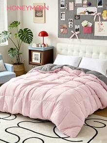 1pc Light Pink With Grey Quilted Comforter Insert, Reversible, Square Quilted, Warm Soft Fluffy, Suitable For Winter Use, Down Alternative Filling, Machine Washable - Baby Pink - View 2