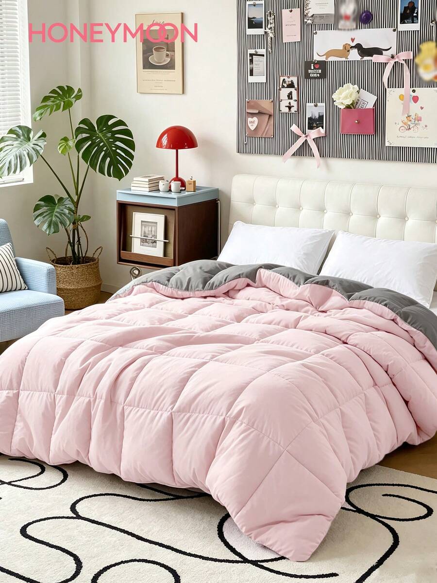 1pc Light Pink With Grey Quilted Comforter Insert, Reversible, Square Quilted, Warm Soft Fluffy, Suitable For Winter Use, Down Alternative Filling, Machine Washable