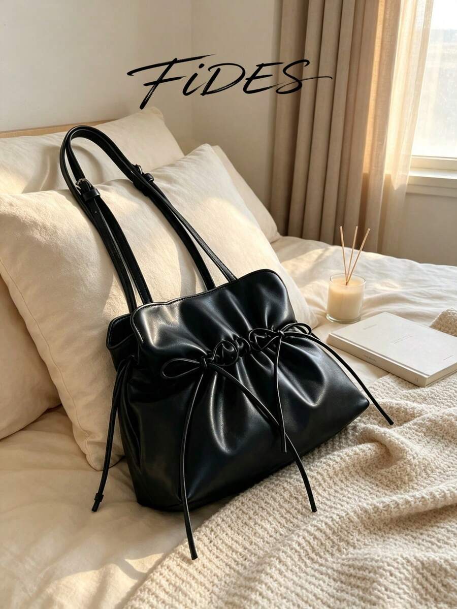 1PC Fashion Minimalist Double Bow Pleated Small Crossbody Bag, Soft Glossy PU Leather With Gentle Pleats, Double-Sided Tie Bows For A Youthful Look, Adjustable Spaghetti Strap, Shoulder And Crossbody Dual Use, Versatile Women's Bag For Daily Commute And Dating