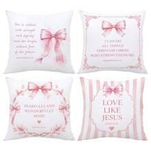 MEMNUN 4pcs Pink Bow Bible Verse Printed Pattern Decorative Cushion Cover [Pillow Insert Not Included], 40*40cm/45*45cm/50*50cm, [Single-Sided Print] Made Of Polyester Material Striped Wreath Bow Bible Quote Cushion Cover Room Decor, Home Decor, Bedroom Decor, Room Decoration Stuff For Sofa, Bed, Living Room, Bedroom, Car, Office, Hotel Decoration Throw Pillow Covers All Seasons Perfect Gift For Family And Friends - Multicolor - View 8
