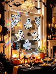 Halloween Ghost Funny Laser Stickers, Including Different Expression Ghosts And Spider Web Patterns, Halloween Theme Wall Decals, Holiday Props, Glass Window Decoration, Suitable For Halloween Home Decor And Holiday Celebration - Multicolor - View 1