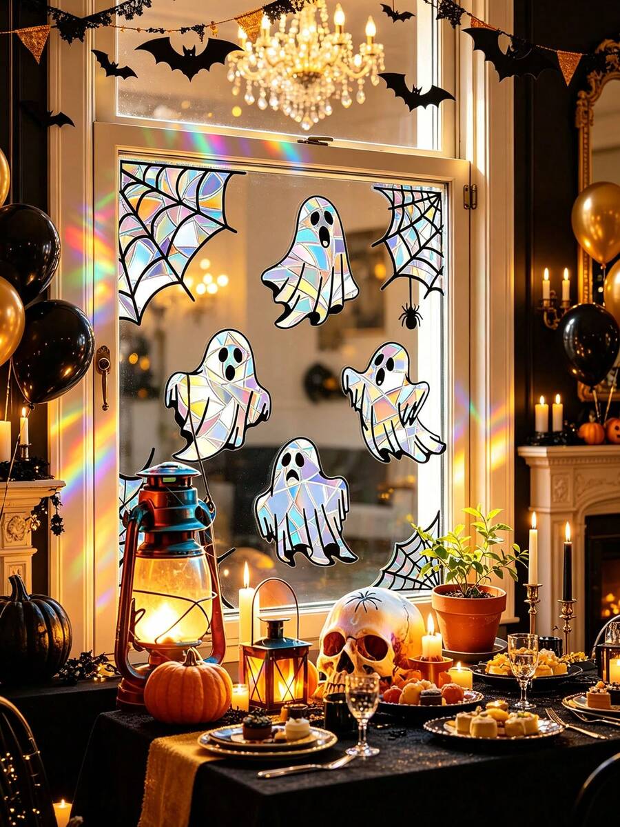 Halloween Ghost Funny Laser Stickers, Including Different Expression Ghosts And Spider Web Patterns, Halloween Theme Wall Decals, Holiday Props, Glass Window Decoration, Suitable For Halloween Home Decor And Holiday Celebration - Multicolor - View 1