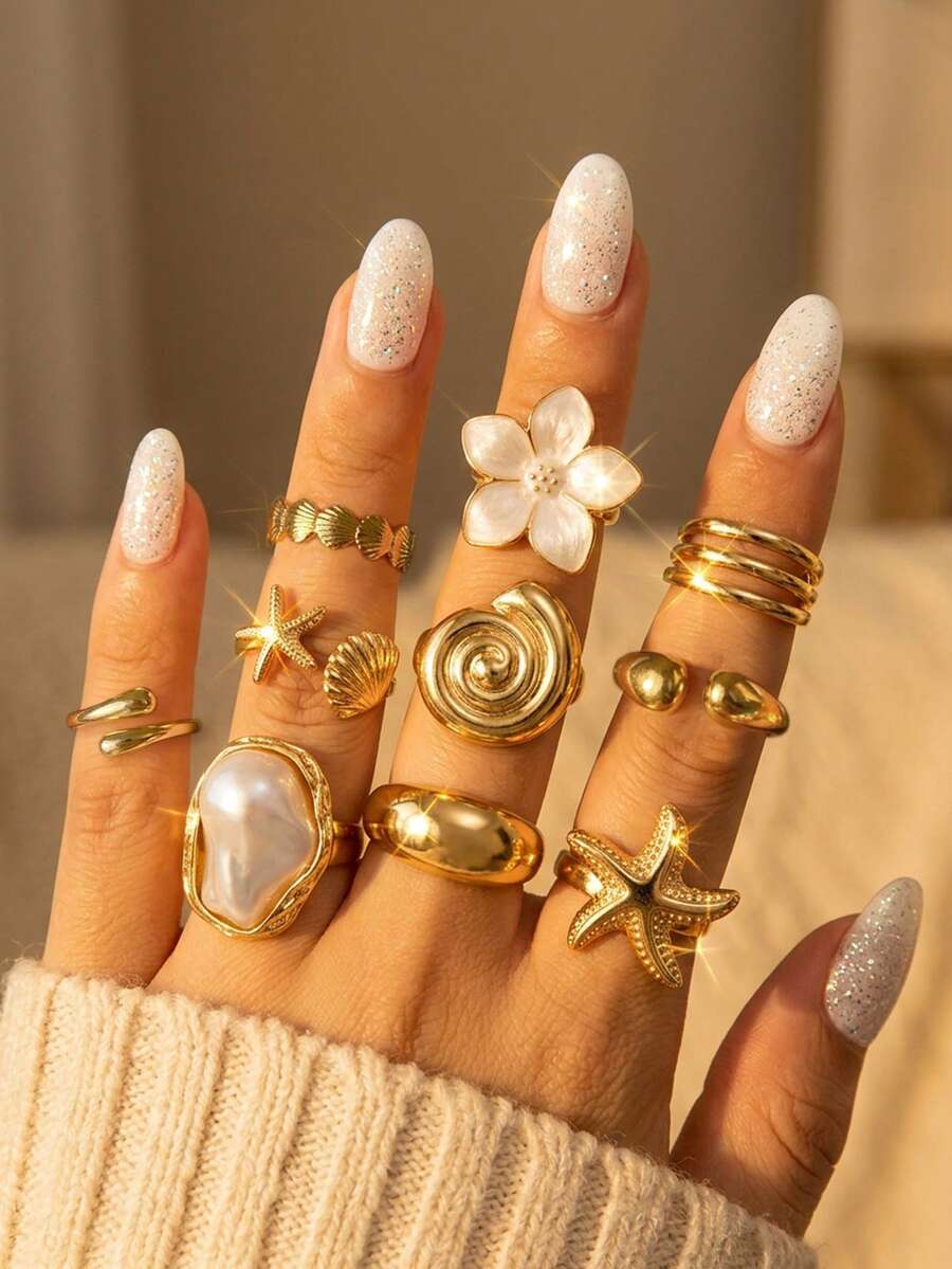 10pcs Set Cincin Multi-Layer Stackable Fashion Minimalis Elegan Desain Vintage Indah Geometris Bunga Mutiara Imitasi Tetesan Minyak Pola Gradien Asimetris Bintang Laut Buatan, Keong, Elemen Kerang Tetesan Air Mengkilap Minimalis Polos Gaya Logam Set Cincin Lebar Tebal Berlebihan, Hadiah Liburan Pesta Kencan, Pakaian Sehari-hari, Personalisasi - Yellow Gold - View 1