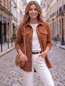 Women's Vintage Brown Corduroy Long Sleeve Flight Jacket, Collar And Pockets, Regular Length Woven Fabric - Brown - View 4