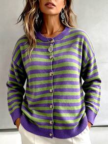 Plus Size Women Casual Striped Cardigan, Long Sleeve Striped Crew Neck Sweater, Autumn/Winter - Purple - View 1