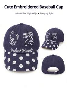 1pc Cute Bear Hugging Letter Embroidered Baseball Cap, Little Bear Polka Dot Pattern Baseball Cap, Adjustable Lightweight Sweet Casual Outdoor Sun Hat, Suitable For Women's Daily Commute - Bear Pattern - View 1