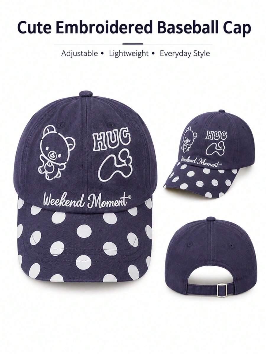 1pc Cute Bear Hugging Letter Embroidered Baseball Cap, Little Bear Polka Dot Pattern Baseball Cap, Adjustable Lightweight Sweet Casual Outdoor Sun Hat, Suitable For Women's Daily Commute - Bear Pattern - View 1