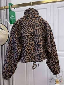 European & American Popular Women's Personalized Casual Versatile Leopard Print Zipper Short Stand Collar Jacket Coat, Suitable For College, Daily, Dating, Spring, Autumn, Winter - Multicolor - View 2