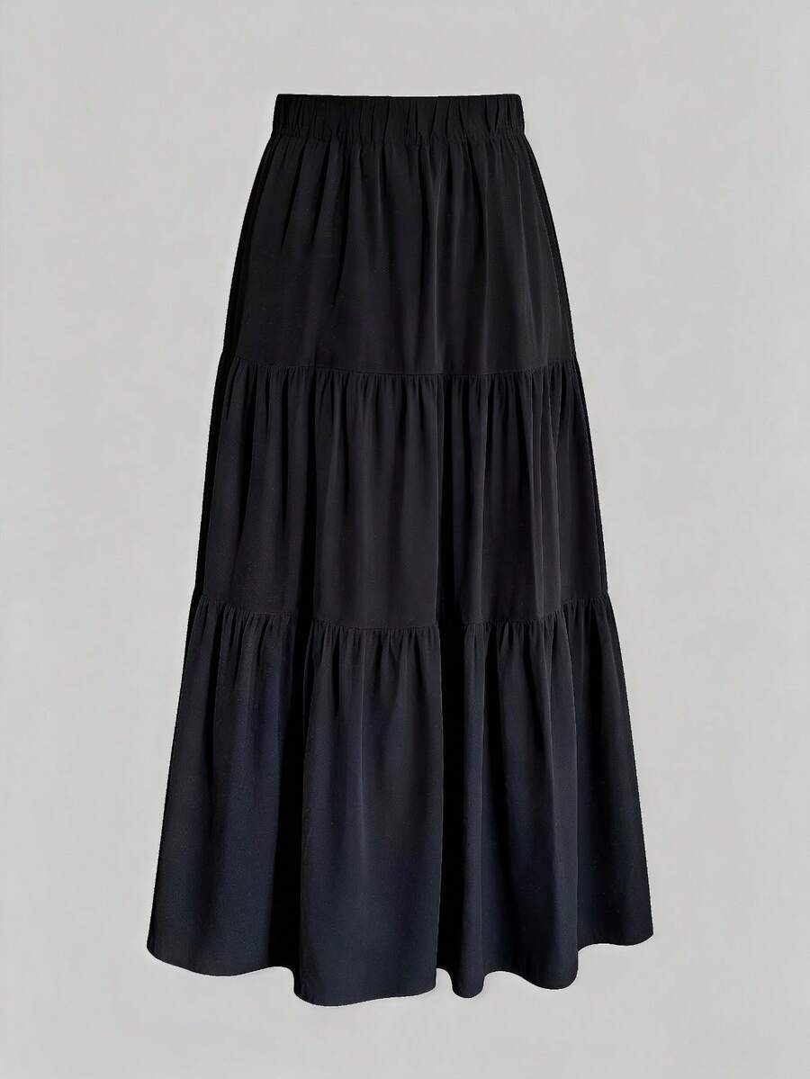 falda maxi tierada elegante de color sólido, cintura elástica, tejido ligero para uso casual mujer - Negro - Ver 1